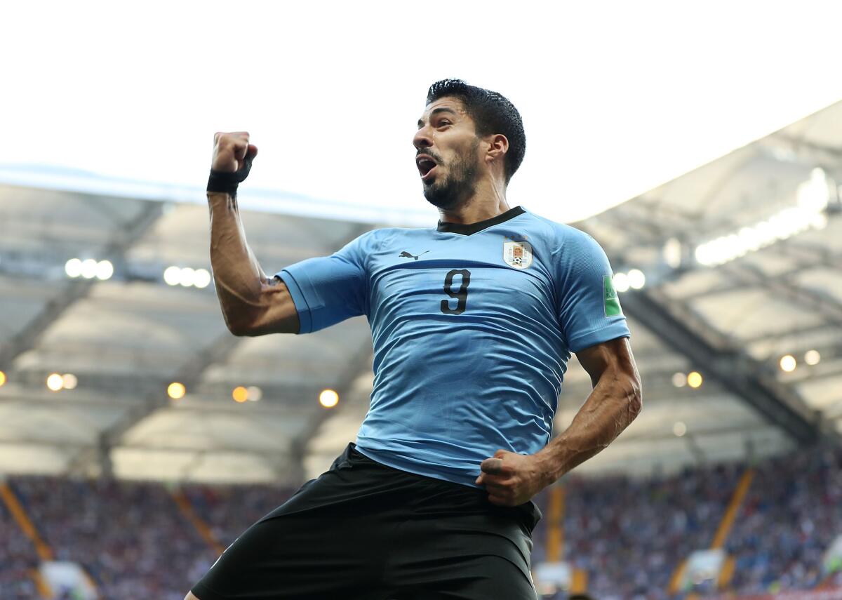 Luis Suarez of Uruguay celebrates after scoring his team's first goal during the 2018 FIFA World Cup Russia group A match between Uruguay and Saudi Arabia at Rostov Arena on June 20, 2018 in Rostov-on-Don, Russia.