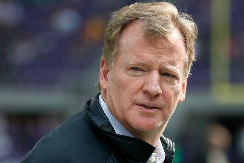 NFL commissioner Roger Goodell watches from the sidelines before an NFL football game between the Minnesota Vikings and Green Bay Packers in Minneapolis, Sunday, Oct. 15, 2017. (AP Photo/Bruce Kluckhohn)