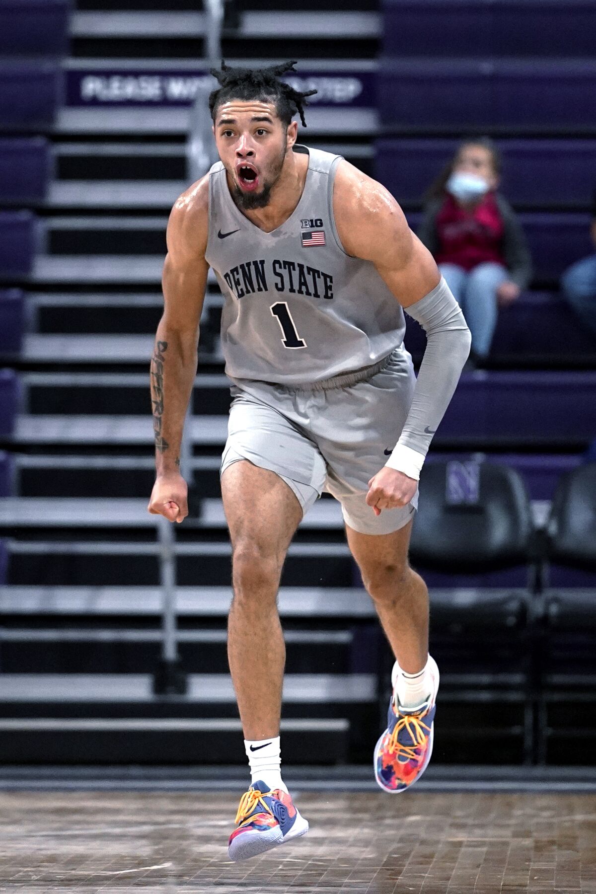 Penn State forward Seth Lundy reacts after hitting a 3-point shot during the second half of the team's NCAA college basketball game against Northwestern in Evanston, Ill., Wednesday, Jan. 5, 2022. Penn State won 74-70. (AP Photo/Nam Y. Huh)