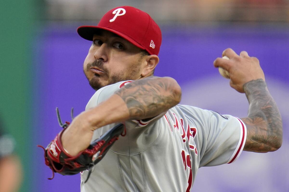 Vince Velasquez, signed by the Padres on Wednesday, pitches earlier this season for the Phillies.
