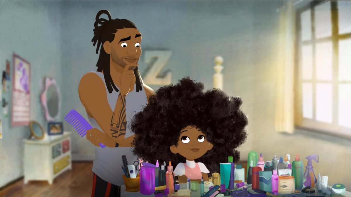 A scene from the animated short "Hair Love."