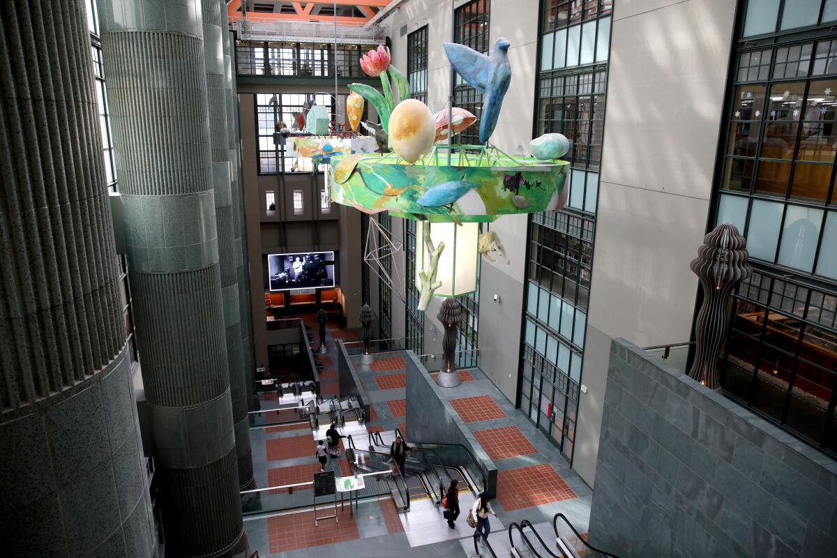 The Tom Bradley Wing of the Central Library has a sculpture hanging in its multistory atrium.