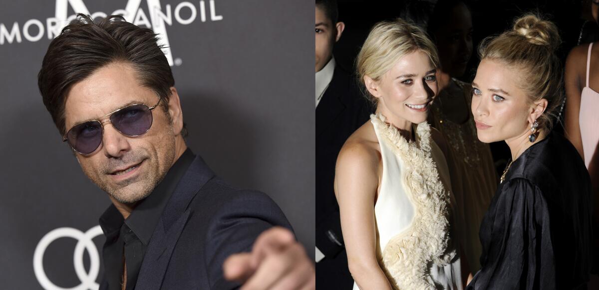 John Stamos wears shades and points to a camera. Ashley Olsen and Mary-Kate Olsen wear dresses at an event.