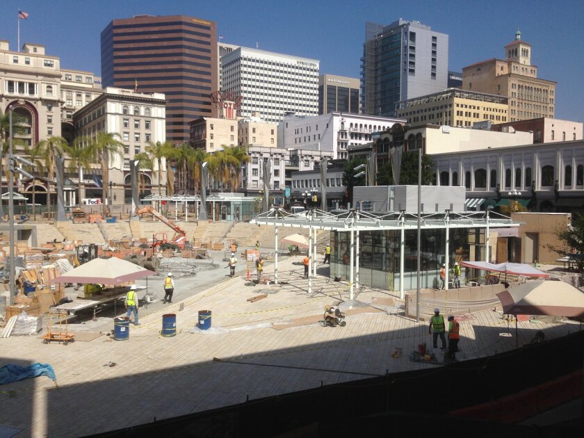 Construction nears completion at Horton Plaza Park where a new amphitheater and retail kiosks will be added to the historic park.