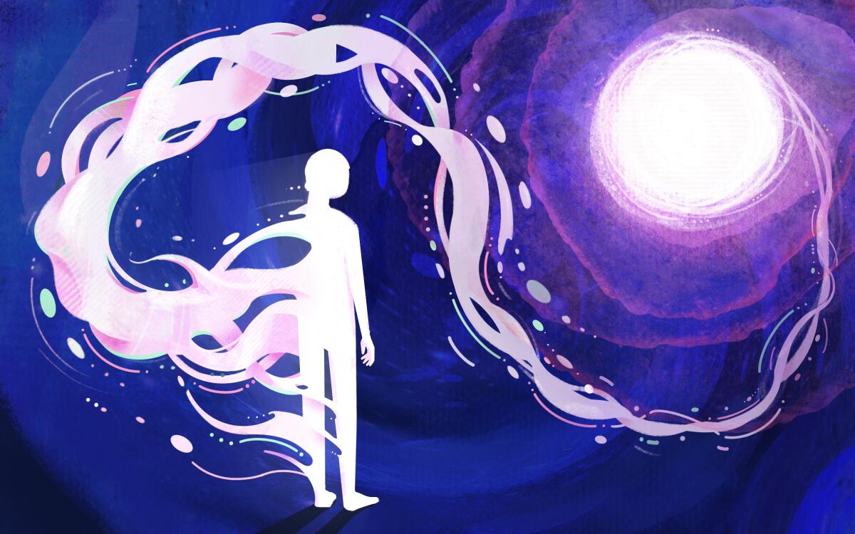 Illustration of a human figure whose soul is swirling to the light. 