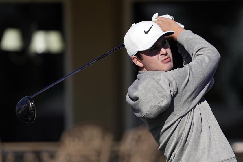 Davis Thompson hits from the 14th tee during the American Express golf tournament Jan. 20, 2023, in La Quinta, Calif.