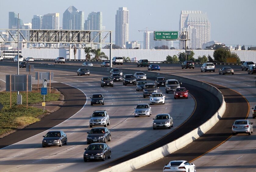 Traffic on Interstate 5 looking toward the San Diego skyline.
