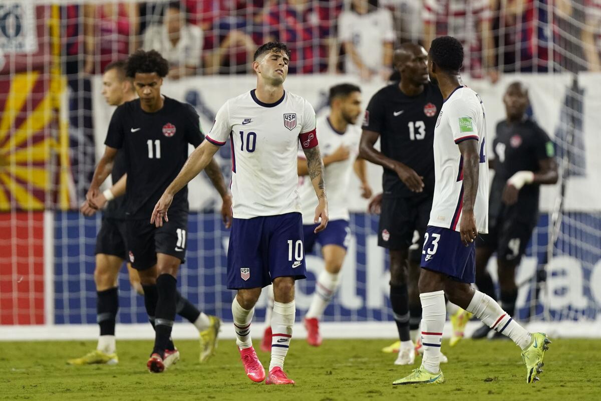 U.S. forward Christian Pulisic reacts to missing a shot against Canada during a World Cup qualifier on Sunday.