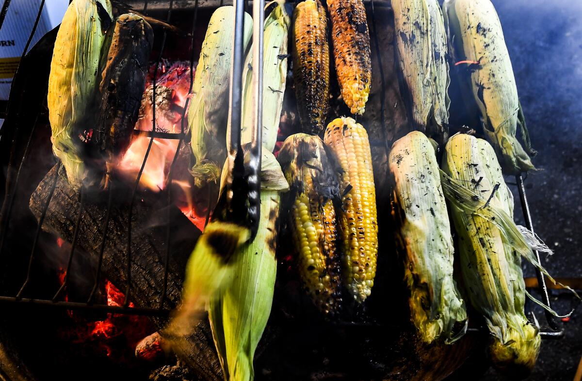 Corn cooked on a grill.
