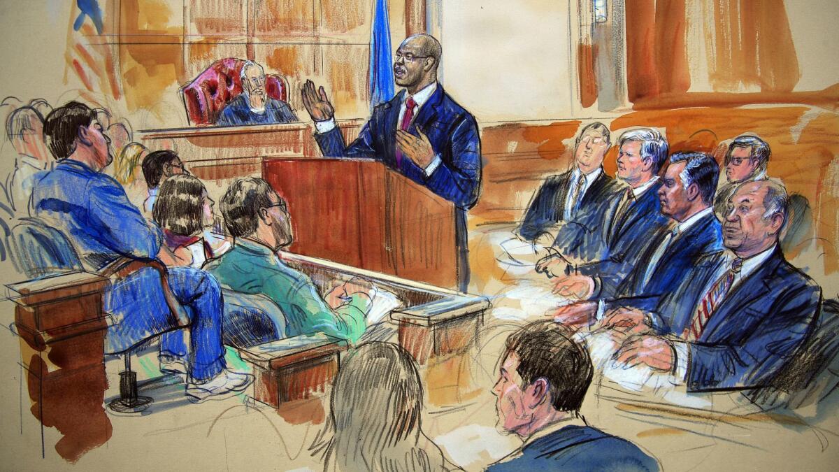 This courtroom sketch shows Judge T.S. Ellis III, back center, listening to an opening statement from Assistant U.S. Atty. Uzo Asonye.