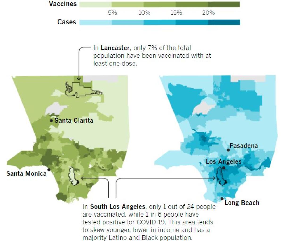 Maps of L.A. County case and vaccination rates. In South L.A., only 1 in 24 people is vaccinated; 1 in 6 has tested positive.