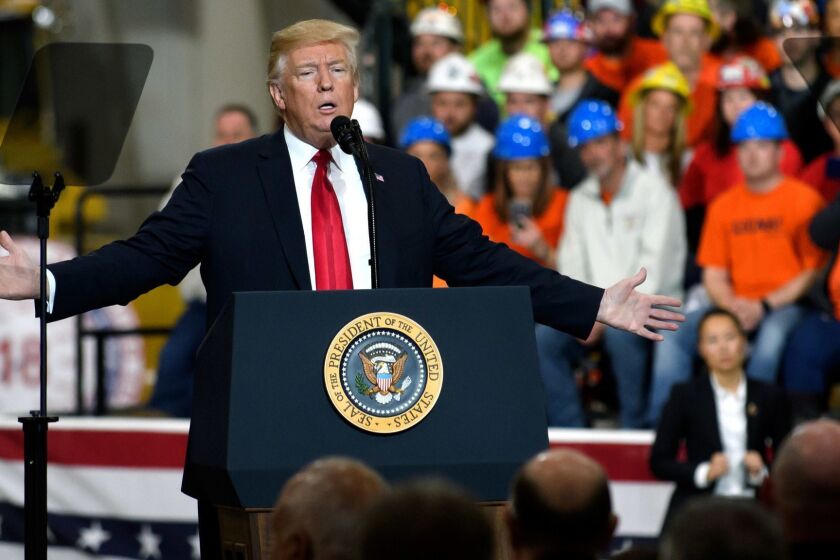 RICHFIELD, OHIO - MARCH 29: U.S. President Donald Trump speaks to a crowd gathered at the Local 18 Richfield Facility of the Operating Engineers Apprentice and Training, a union and apprentice training center specializing in the repair and operation of heavy equipment on March 29, 2018 in Richfield, Ohio. President Trump's remarks centered upon infrastructure investment in the economy and labor statistics. (Photo by Jeff Swensen/Getty Images) ** OUTS - ELSENT, FPG, CM - OUTS * NM, PH, VA if sourced by CT, LA or MoD **