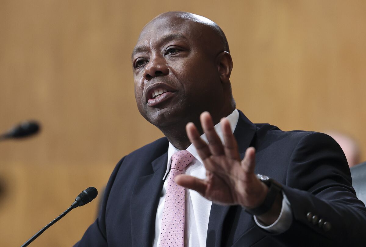 Sen. Tim Scott, R-S.C., questions Securities and Exchange Commission, Chairman Gary Gensler during a Senate Banking, Housing, and Urban Affairs Committee hearing on "Oversight of the U.S. Securities and Exchange Commission" on Tuesday, Sept. 14, 2021, in Washington. (Evelyn Hockstein/Pool via AP)