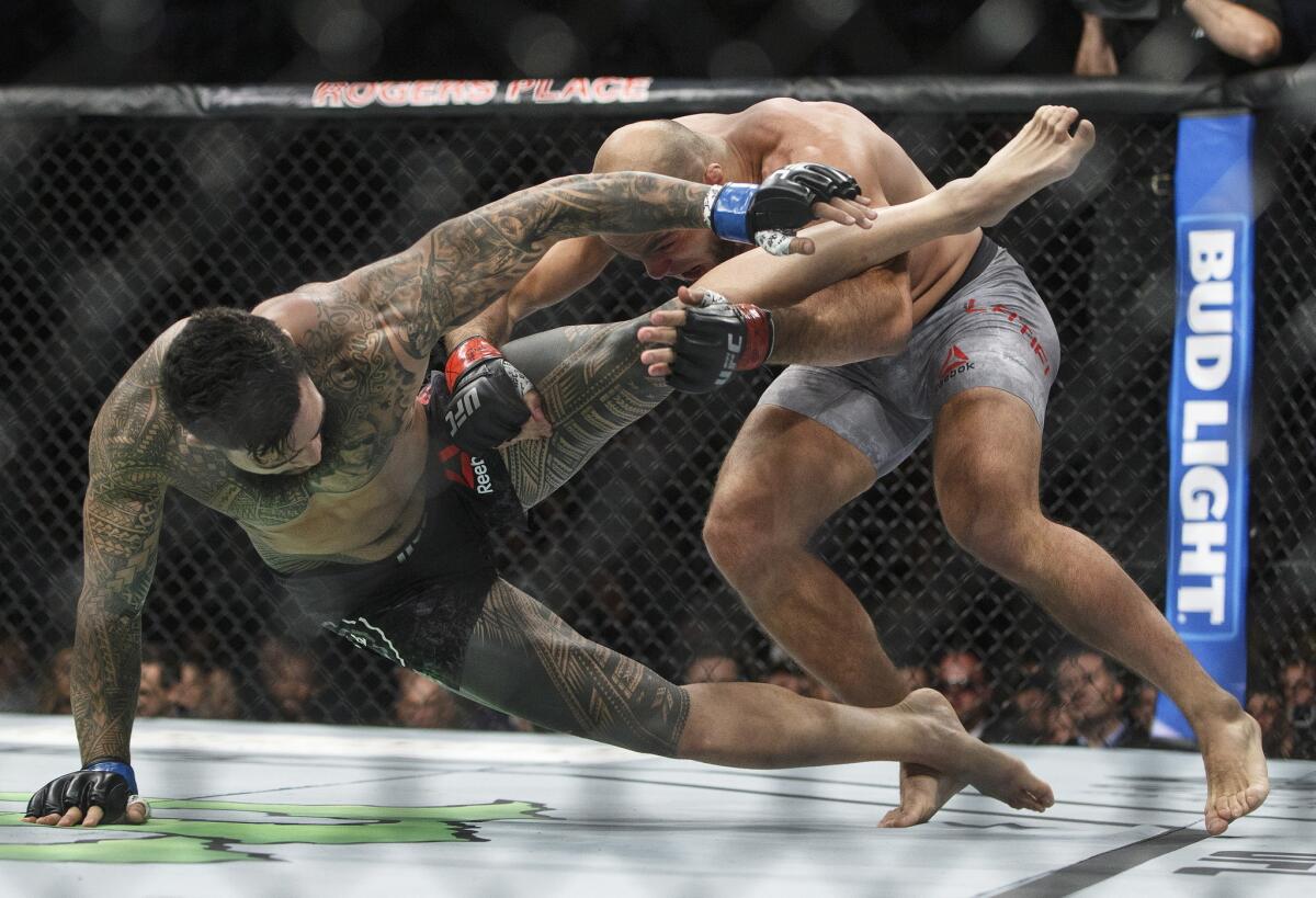 FILE - In this Sept. 9, 2017, file photo, ILir Latifi, right, of Sweden, takes down Tyson Pedro, of Australia, during their mixed martial arts bout at UFC 215 in Edmonton, Alberta. Ultimate Fighting Championship has struck a multiyear deal with Modelo Especial that will make the Mexican import the official beer and malt beverage of the world's largest MMA company. Anheuser-Busch Cos. Inc. had held that title since 2008 and its Bud Light logo had frequently stamped the center of the octagon for UFC's biggest fights.