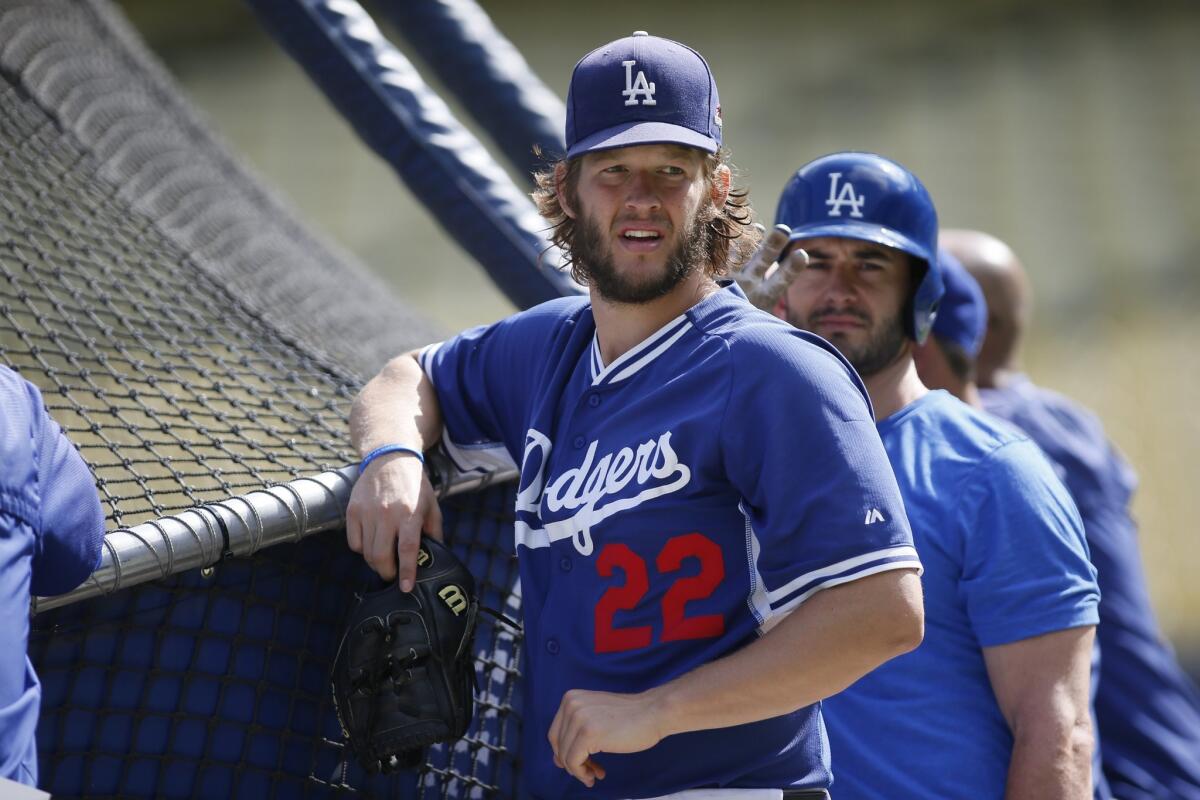 Los Angeles Dodgers pitcher Clayton Kershaw looks on during practice for the upcoming NLDS playoff baseball series against the New York Mets, Tuesday, Oct. 6, 2015, in Los Angeles. Their NLDS best of five playoff series begins Friday, Oct. 9, at Dodger Stadium. (AP Photo/Danny Moloshok)