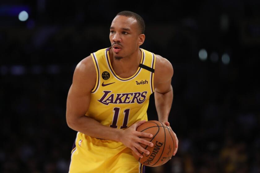 LOS ANGELES, CALIFORNIA - FEBRUARY 25: Avery Bradley #11 of the Los Angeles Lakers looks to pass the ball in a game against the New Orleans Pelicans during the second half at Staples Center on February 25, 2020 in Los Angeles, California. NOTE TO USER: User expressly acknowledges and agrees that, by downloading and or using this Photograph, user is consenting to the terms and conditions of the Getty Images License Agreement. (Photo by Katelyn Mulcahy/Getty Images)