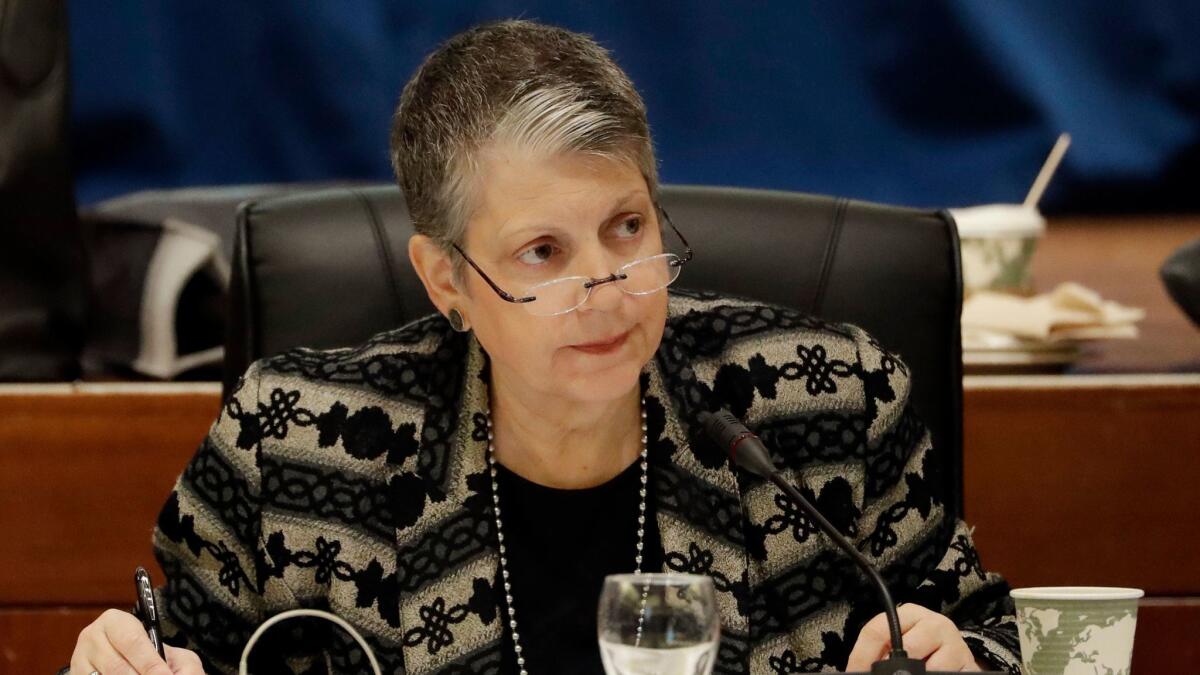 University of California President Janet Napolitano is shown attending a UC Board of Regents meeting in January. She testified Tuesday at a hearing to address a scathing audit.
