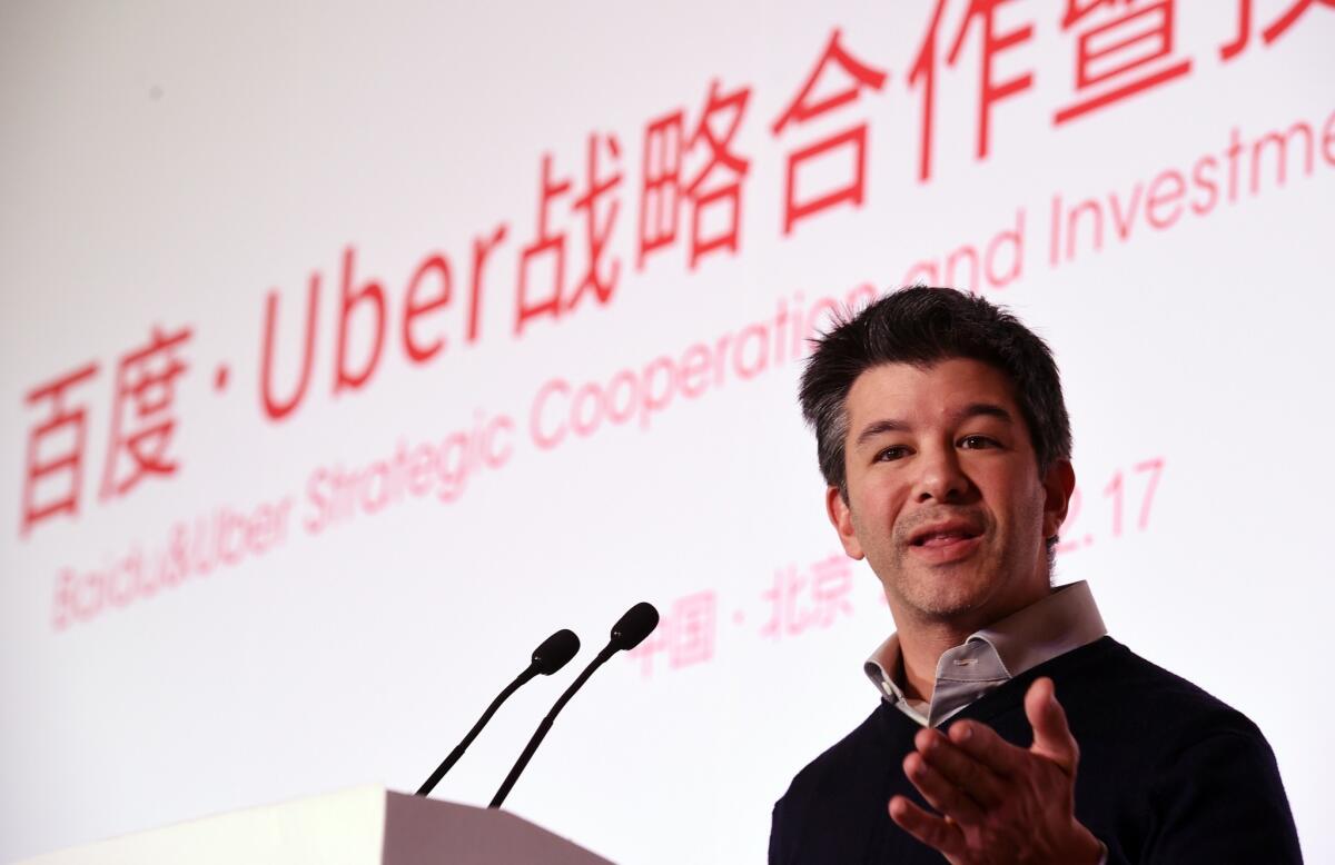 Uber Chief Executive Travis Kalanick speaks at a ceremony at the Baidu headquarters in Beijing in 2014. The two companies have a strategic partnership.