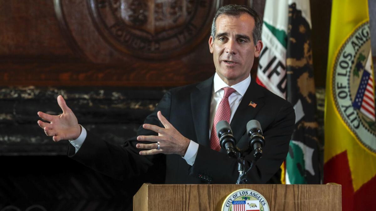 Mayor Eric Garcetti, shown in April, is facing a walkout by Los Angeles schoolteachers as he weighs a potential presidential run.