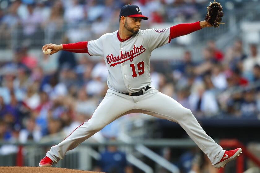 ATLANTA, GA - MAY 29: Anibal Sanchez #19 of the Washington Nationals delivers in the first inning of an MLB game against the Atlanta Braves at SunTrust Park on May 29, 2019 in Atlanta, Georgia. (Photo by Todd Kirkland/Getty Images)