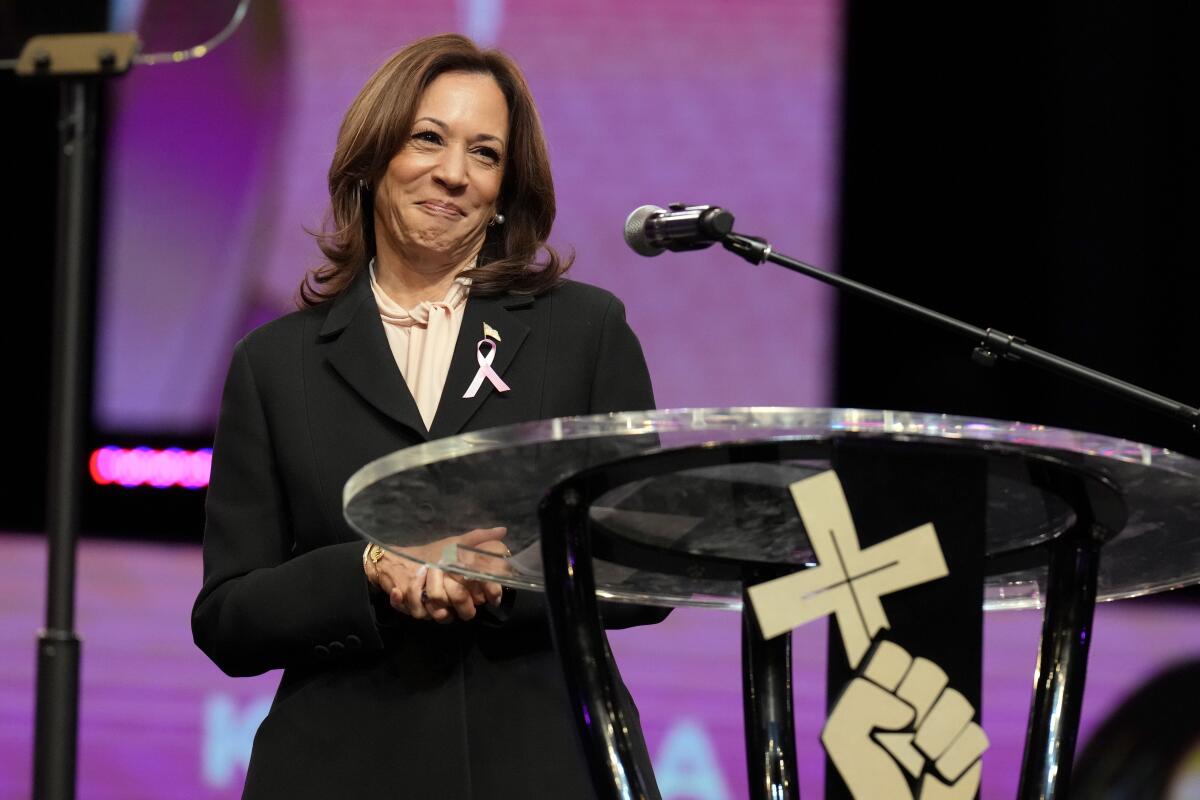 Democratic presidential nominee Vice President Kamala Harris speaks at New Birth Baptist Church in Stonecrest, Ga.