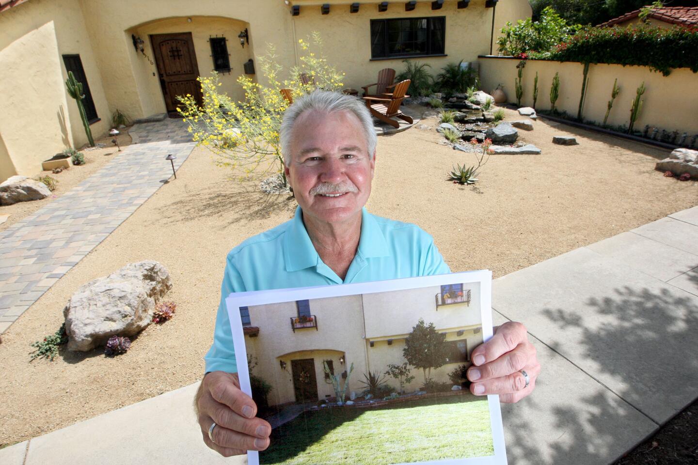 Glendale resident Bill Metzdorf stands in front of his new drought tolerant front yard holding a photo of the old lawn. Photographed on Thursday, April 30, 2015.