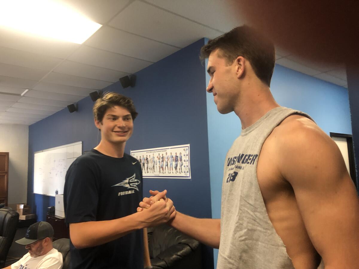 Quarterback Ethan Garbers, left, will use receiver John Humphreys as his top target at Corona del Mar this season.