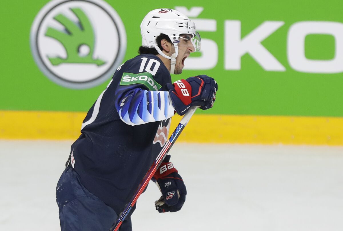 Matty Beniers, shown during a recent game, is one of many top NHL prospects playing for the U.S. in the Beijing Olympics.