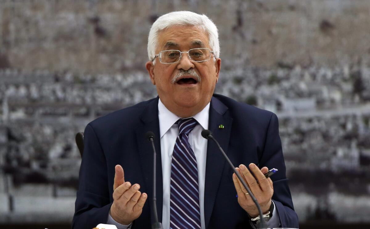 Palestinian President Mahmoud Abbas chairs a meeting of the Palestinian leadership to discuss Israeli-Palestinian peace talks at his headquarters in the West Bank town of Ramallah on Tuesday. Abbas said the Palestinians would seek to join 15 United Nations agencies after Israel failed to release prisoners under U.S.-sponsored peace talks.