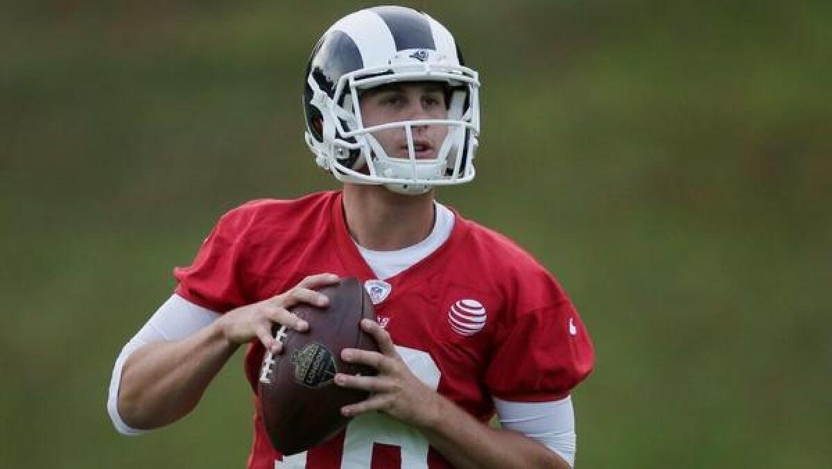 Rams quarterback Jared Goff looks to throw during practice in Bagshot, England. The Rams play the Arizona Cardinals in London on Sunday.