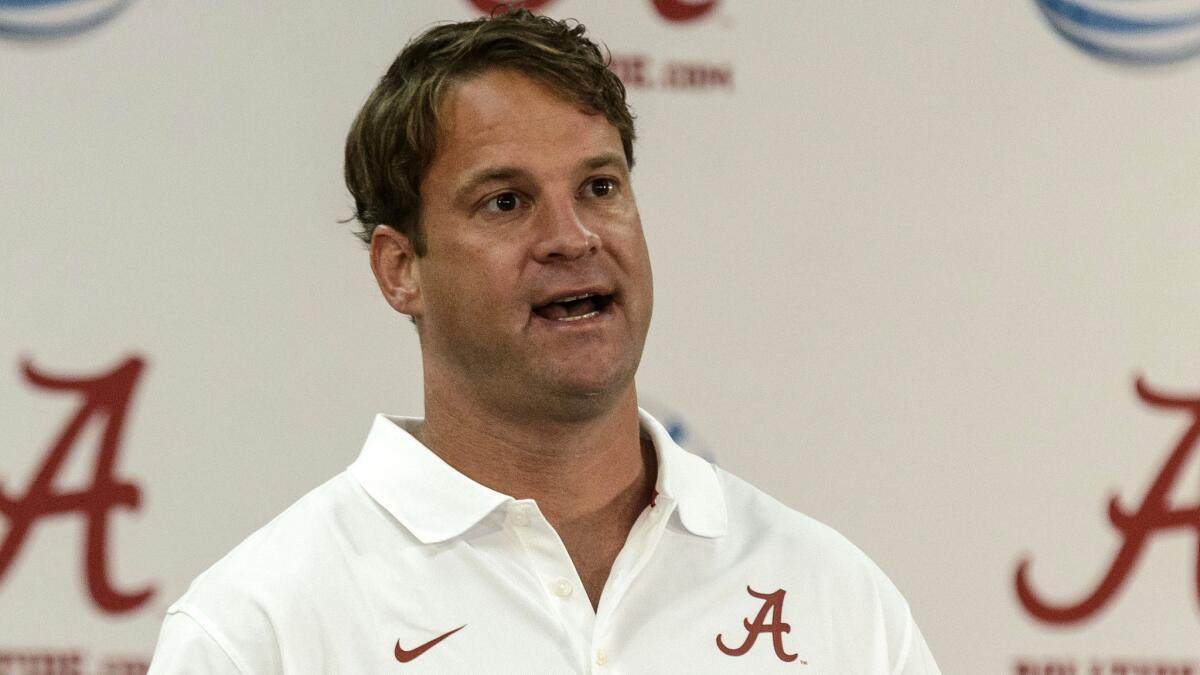 Alabama offensive coordinator Lane Kiffin speaks during a news conference Sunday following a team practice session.