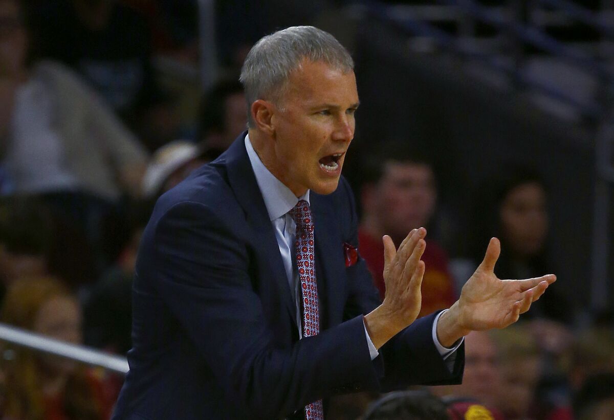 USC coach Andy Enfield directs his team against Pepperdine at Galen Center in Los Angeles on Nov. 19, 2019.