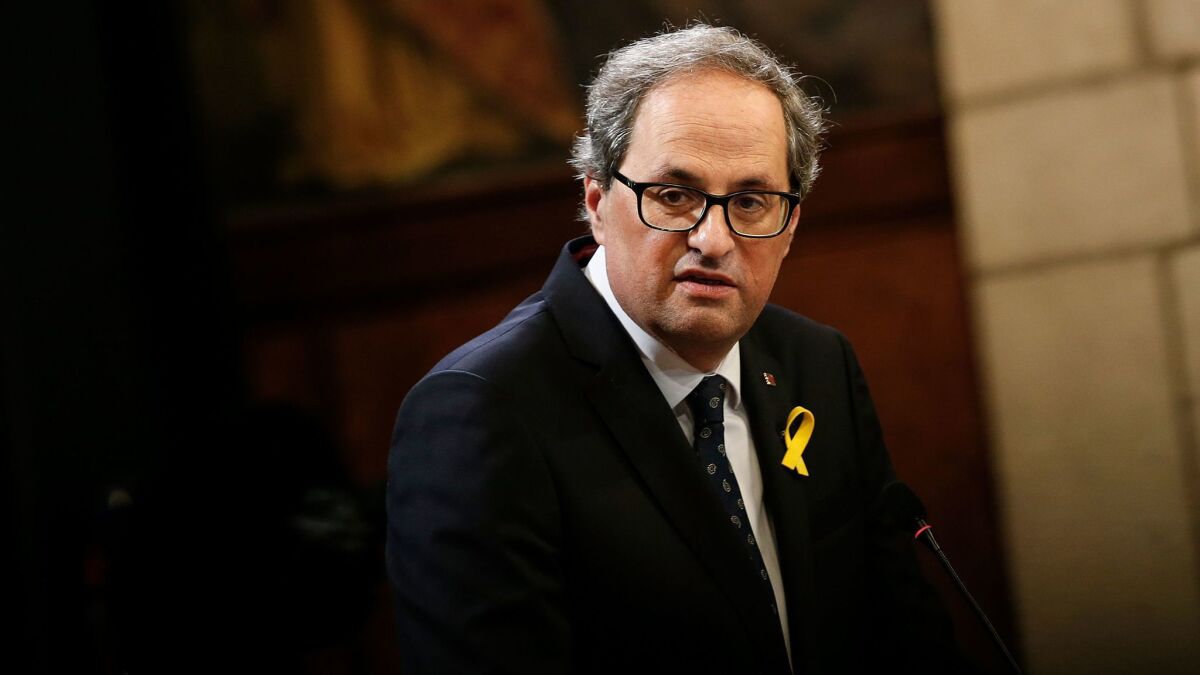 Catalonia’s new president, Quim Torra, delivers a speech during the swearing-in ceremony for the new regional government at the Generalitat Palace in Barcelona, Spain, on June 2, 2018.
