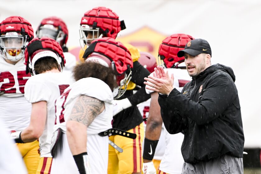 LOS ANGELES, CA - MARCH 21: Alex Grinch watches over practice during the USC spring practice on Tuesday, March 21, 2023 in Los Angeles, CA.(Wally Skalij / Los Angeles Times)