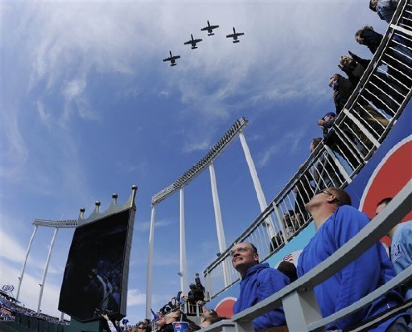 A-10's flown by the Missouri Air National Guard fly over Kauffman Stadium before a major league baseball game between the New York Yankees and the Kansas City Royals in Kansas City, Mo., Friday, April 10, 2009. (AP Photo/Reed Hoffmann)