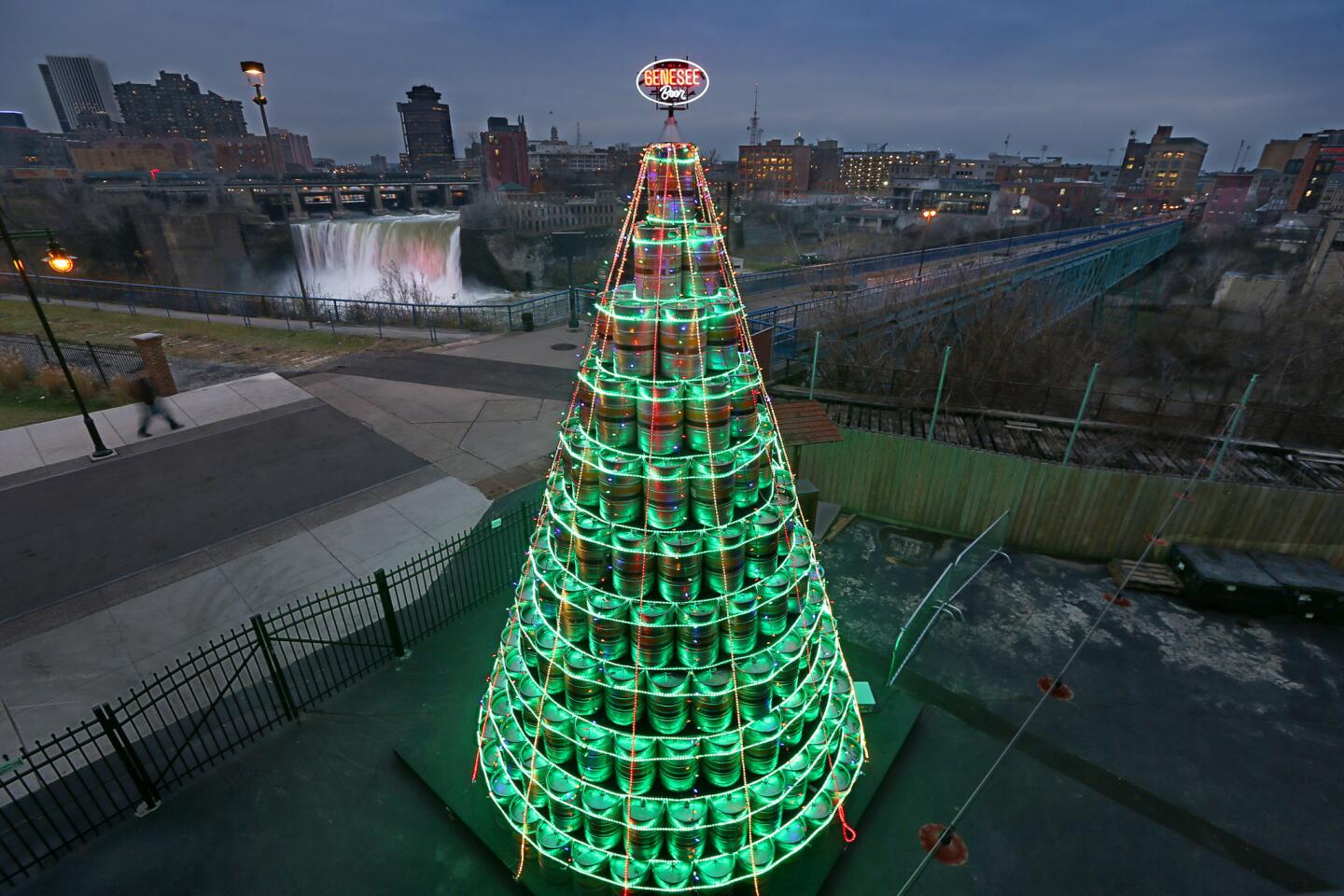 OK, not everyone may appreciate this Christmas tree made of 400 empty beer kegs, but it certainly is novel. The lights are on and glowing green on the 26-foot-high tree constructed outside the Genesee Brew House in downtown Rochester, N.Y. This year's creation tops last year's tree by 2 feet and 100 kegs.