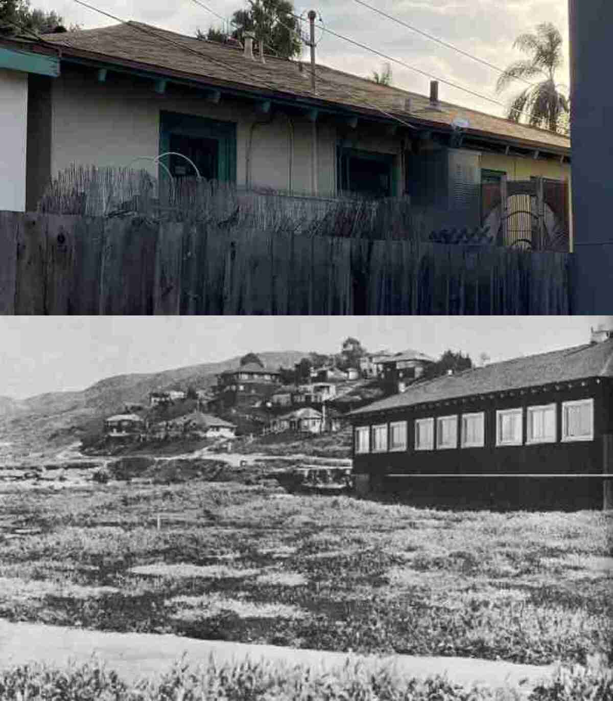 The Little Green Laboratory at La Jolla Cove (bottom) — located approximately where the La Jolla Cove Bridge Club is today — was a predecessor to the Scripps Institution of Oceanography and housed La Jolla’s greatest tourist attraction of 1905. Could the structure on top be how it appears today?