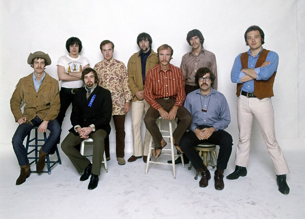 Blood, Sweat & Tears band members, dressed in 1970s suede and paisley, in a publicity shot