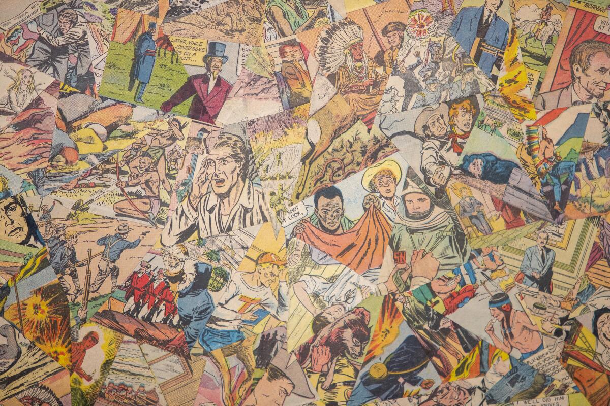The "Flag" collage includes comic book images that illustrate American history.