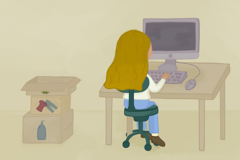 An illustration of a person at a computer with online shopping boxes next to the desk.