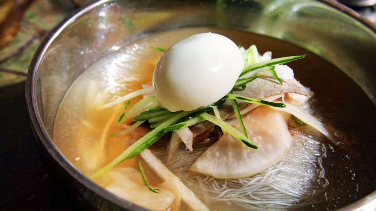 The mool naengmyeon at Hansol Noodle in Koreatown includes house-made noodles in an icy broth with pork and egg.