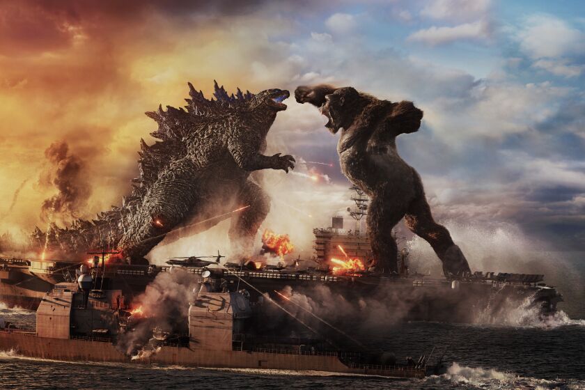 Caption: (L-r) GODZILLA battles KONG in Warner Bros. Pictures' and Legendary Pictures' action adventure "GODZILLA VS. KONG," a Warner Bros. Pictures and Legendary Pictures release.
