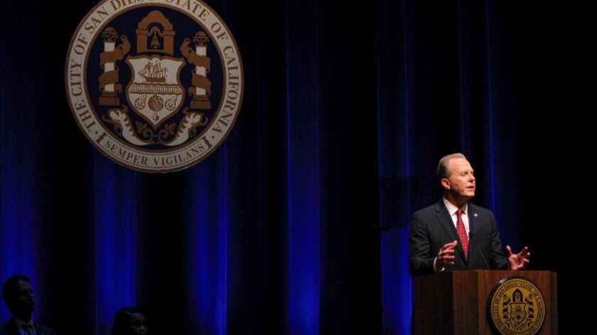 San Diego Mayor Kevin Faulconer gives his State of the City Address at the Balboa Theater in San Diego on Thursday.