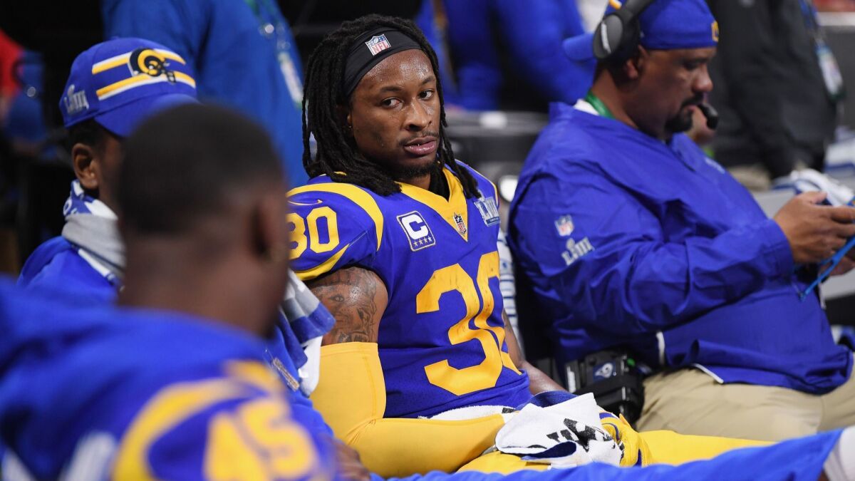 Todd Gurley sits on the bench in the second half of Super Bowl LIII.