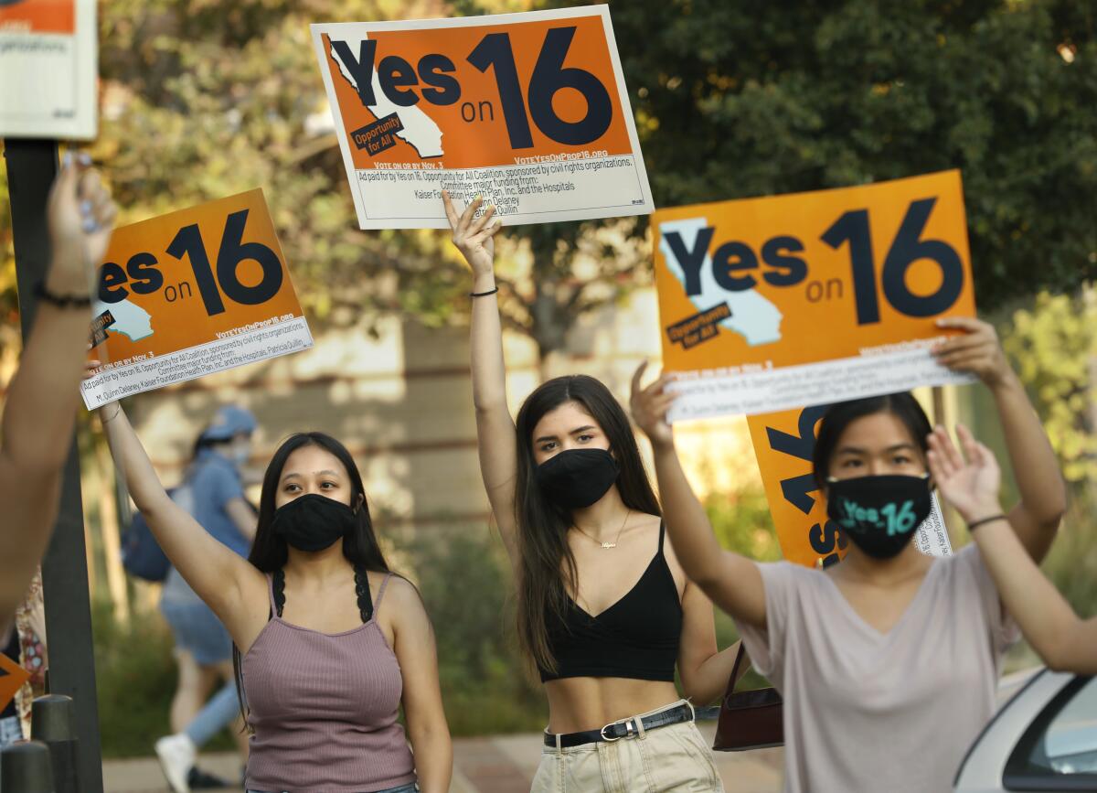 Students rallied at UCLA in support of Proposition 16 on Oct. 16, 2020. 