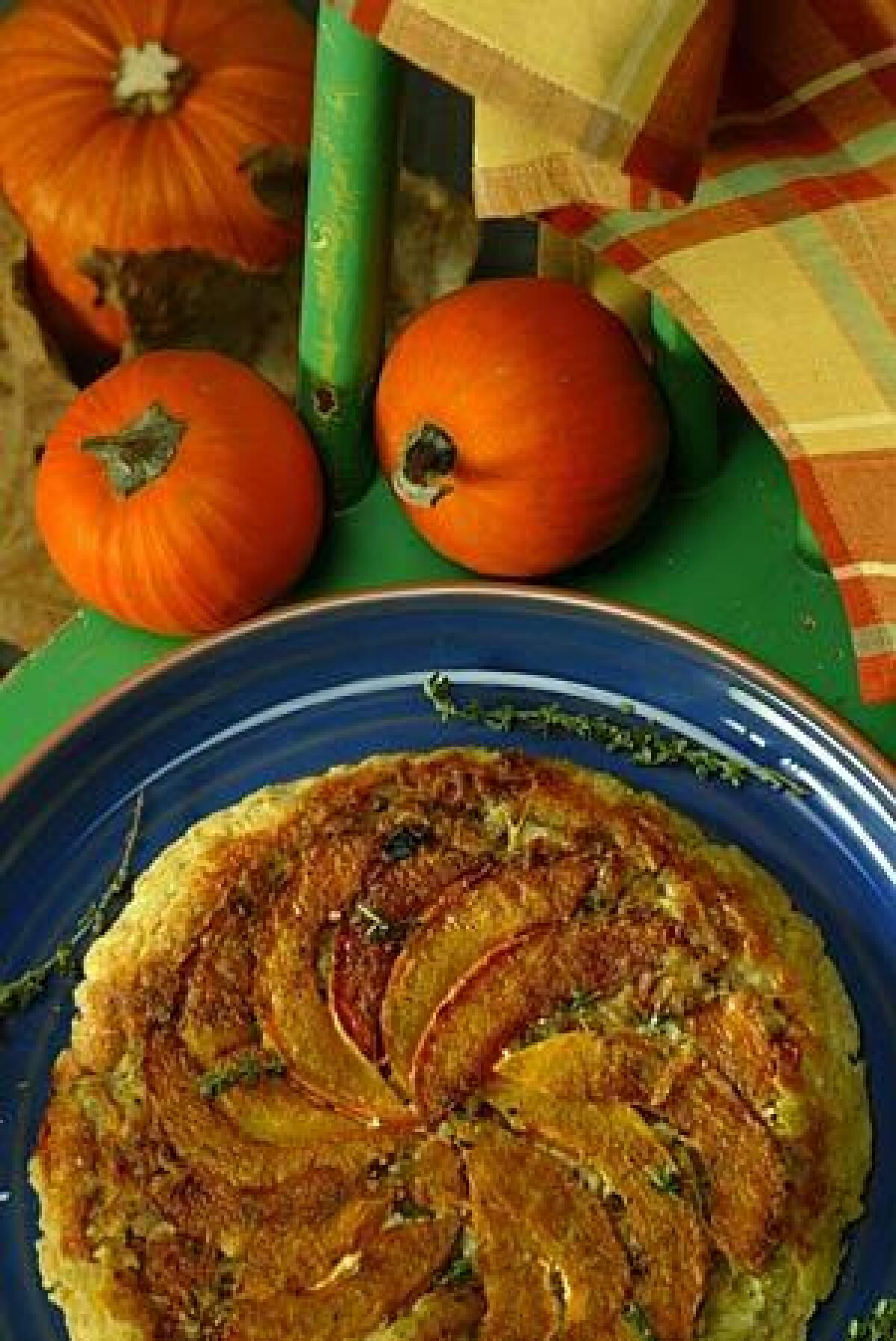 Pumpkin tarte Tatin, with goat cheese, onions and thyme, has displaced the quiche in many European restaurants as a vegetarian course. Puff pastry can substitute for the pie crust.