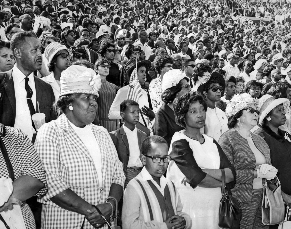 Apr. 7, 1968: A crowd of over 20,000 attended a memorial service for the Rev. Martin Luther King Jr. at L.A. Coliseum three days after his assassination in Memphis, Tenn.