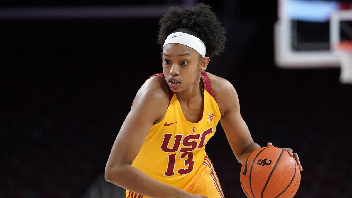 USC's Rayah Marshall handles the ball against Washington State on Jan. 14, 2022.