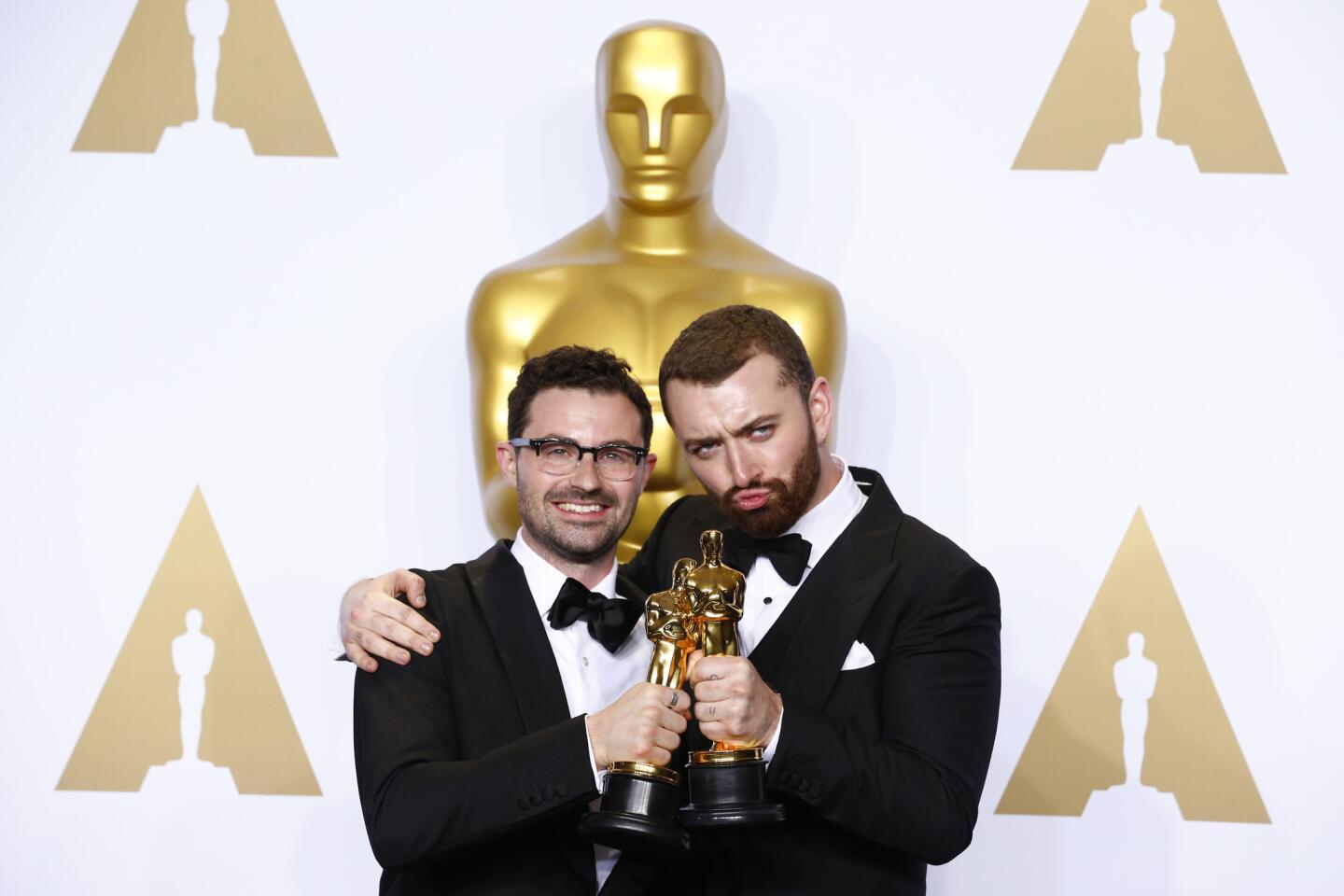 Songwriter Jimmy Napes, left, and singer Sam Smith won the original song Oscar for "Writing's on the Wall" for the film "Spectre."