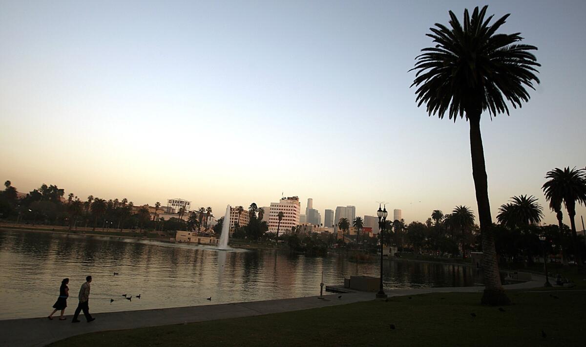 Wilshire Boulevard runs alongside MacArthur Park. Originally named Westlake Park, the site was built in the 1880s around wetlands fed by natural springs.
